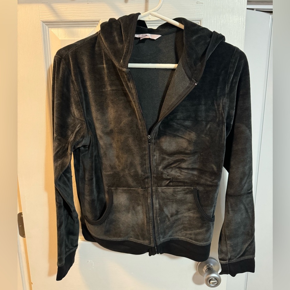 Victoria Secret Black Velour Zip Up with Hood Size Small
